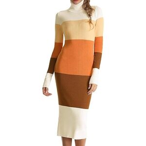 Rocorose Women's Turtleneck Ribbed Elbow Long Sleeve Knit Sweater Dress